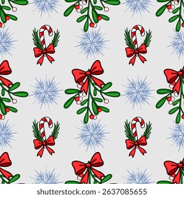 Seamless vector Christmas pattern featuring mistletoe sprigs adorned with red bows, candy canes with greenery, and delicate snowflakes on a light gray background, creating a festive and cheerful de...