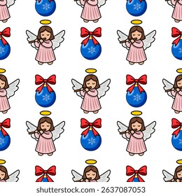 Seamless vector Christmas pattern featuring adorable angels playing flutes and blue baubles with red bows, creating a charming and festive design perfect for winter holidays.