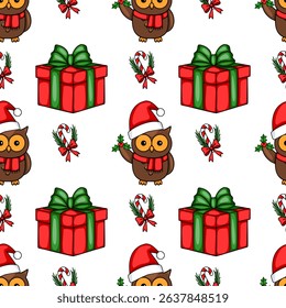 Seamless vector Christmas pattern featuring adorable owls in Santa hats, holding holly sprigs, alongside festive gift boxes and candy canes, creating a cheerful holiday design.