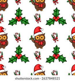 Seamless vector Christmas pattern featuring adorable owls in Santa hats, holding holly sprigs, surrounded by candy canes and festive bows, creating a charming winter holiday design.