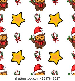 Seamless vector Christmas pattern featuring adorable owls in Santa hats, candy canes, stars, and holly sprigs, perfect for festive designs.