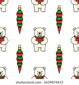 Seamless vector Christmas pattern featuring adorable polar bears holding gifts and festive red and green ornaments, perfect for winter holiday designs.