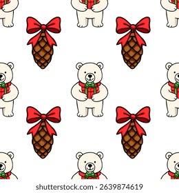 Seamless vector Christmas pattern featuring adorable polar bears holding gifts and pine cones adorned with red bows, creating a festive and cheerful winter design.