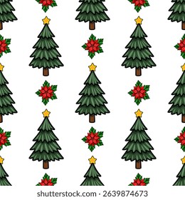 Seamless vector Christmas pattern featuring stylized evergreen trees adorned with yellow stars and vibrant poinsettia flowers, creating a festive and cheerful winter design.