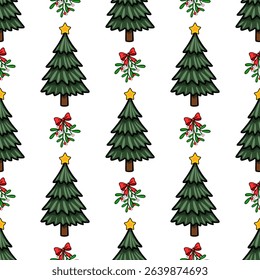 Seamless vector Christmas pattern featuring stylized Christmas trees adorned with yellow stars, complemented by mistletoe sprigs tied with red bows, creating a festive and cheerful winter design.