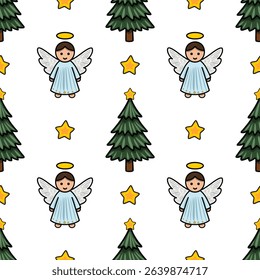 Seamless vector Christmas pattern featuring cute angels, fir trees, and golden stars, ideal for festive designs and winter holidays.