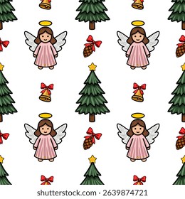 Seamless vector Christmas pattern featuring cute angels, fir trees, bells, pine cones, and stars, perfect for festive designs and winter holidays.