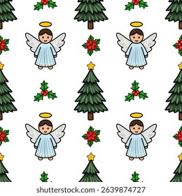 Seamless vector Christmas pattern featuring adorable angels, fir trees, holly, poinsettias, and stars, perfect for festive designs and winter celebrations.
