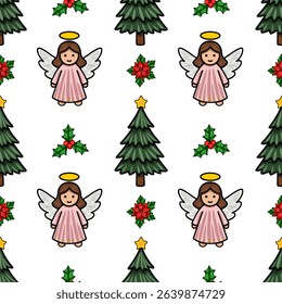 Seamless vector Christmas pattern featuring adorable angels, festive trees, holly, and poinsettias, perfect for winter holidays design.