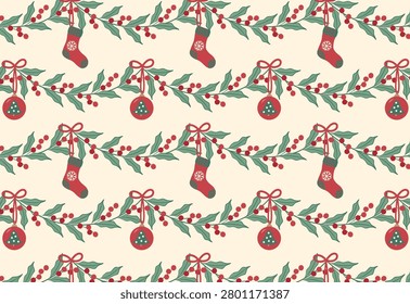 Seamless vector Christmas pattern featuring holly garlands with red berries, festive ornaments, bows and stockings. Traditional holiday design for fabric, wallpaper, gift wrap and seasonal decor.