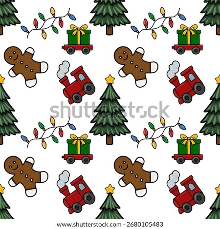 Seamless vector Christmas pattern featuring a whimsical train, gingerbread men, Christmas trees, and festive lights, perfect for holiday-themed designs.