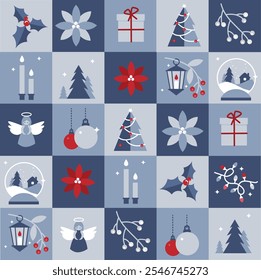 Seamless Vector Christmas Pattern with Geometric Stylized Icons – Baubles, Snowballs, Christmas Trees, Candles, Fir Trees, Snow, Gift Boxes, European Mistletoe, and Poinsettia for Festive Designs
