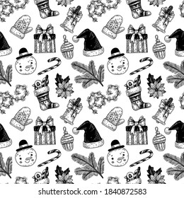 Patrón de Navidad vectorial sin fisuras con regalos, juguetes, muñecos de nieve, mistletoe y ramas de abeto dibujadas al estilo del doodle. Sencillo fondo navideño al estilo de las caricaturas.