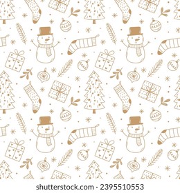 Seamless vector Christmas pattern with gifts, toys, snowmen, socks and Christmas trees drawn in doodle style.