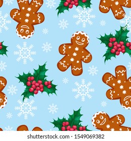 Seamless vector Christmas pattern with ginger man and holly berries on a blue background with snowflakes. Festive winter background.