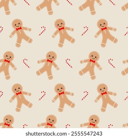 Seamless vector Christmas pattern with a Christmas gingerbread man and candy cane