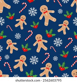 Seamless vector Christmas pattern with gingerbread men and candy canes on a blue background