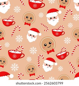 Seamless vector Christmas pattern with gingerbread men, santa clauses and candy canes on a beige background