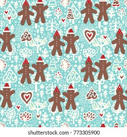 Seamless vector Christmas pattern with gingerbread man, fantasy winter forest, snowflakes on light turquoise background