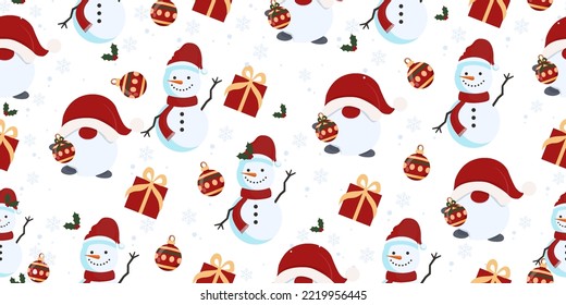 Seamless vector Christmas pattern gnomes with rodars and a snowman.
