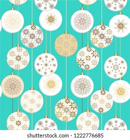 Seamless vector Christmas pattern with golden - white decorative ornamental crystal balls, baubles on turquoise background