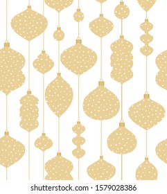 Seamless vector Christmas pattern with golden - white decorative ornamental crystal balls, baubles on white background