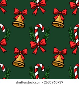 Seamless vector Christmas pattern with golden bells, candy canes, red bows, and fir branches on a dark green background, perfect for festive designs.