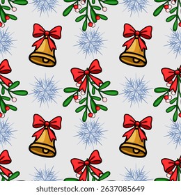 Seamless vector Christmas pattern with golden bells, mistletoe sprigs, and snowflakes, designed in a hand-drawn cartoon style with bold outlines and vibrant colors, perfect for festive winter designs.