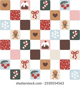 Seamless vector Christmas pattern in a grid with cute holiday elements arranged in a geometric yet chaotic order. Perfect for festive designs, gift wrapping, holiday cards, and seasonal decor