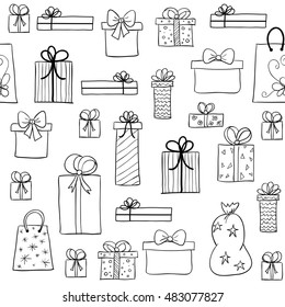 Seamless vector christmas pattern and hand drawn gift boxes  May be used as coloring book