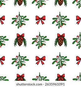 Seamless vector Christmas pattern with hand-drawn mistletoe sprigs, pine cones adorned with red bows, and vibrant red bows on a pristine white background, ideal for festive designs.