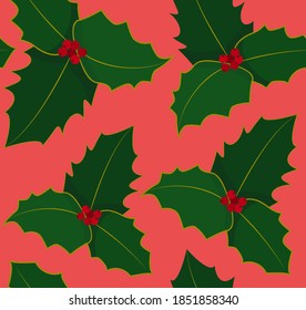 Seamless vector christmas pattern with holly, fir branch and mistletoe. Bright pattern for packaging, wrapping paper, textiles, etc.