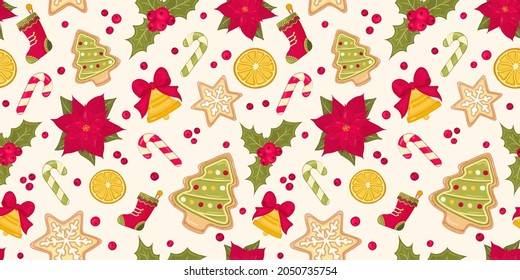 Seamless Vector Christmas pattern with holly, gingerbread snowflake cookie, Christmas tree, orange, poinsettia, Christmas boot, golden bell and candy cane. Cartoon style.