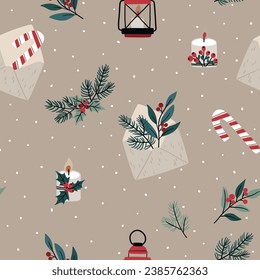 Seamless vector Christmas pattern with letters, branches and Christmas elements. Ideal for printing on fabric, paper or wallpaper.