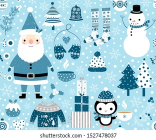 Seamless vector Christmas pattern in light blue and white colors with Santa Claus, snowman, penguin and winter clothes and elements