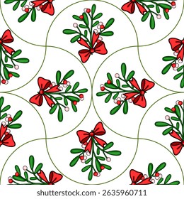 Seamless vector Christmas pattern with mistletoe sprigs tied with red bows, arranged in a repeating design against a white background, featuring curved green lines.