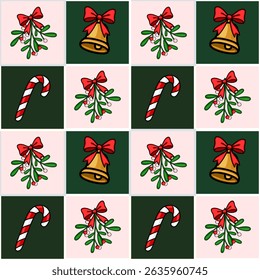 Seamless vector Christmas pattern with mistletoe, bells, candy canes, and red bows on a pink and green checkered background.