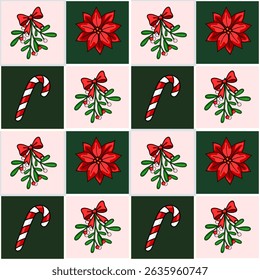 Seamless vector Christmas pattern with mistletoe, poinsettia, candy canes, and red bows on a pink and green checkered background, perfect for festive designs.