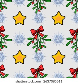 Seamless vector Christmas pattern with mistletoe, snowflakes, and stars, featuring a unique hand-drawn style and vibrant color palette, perfect for festive designs.