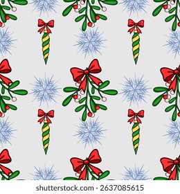 Seamless vector Christmas pattern with mistletoe, snowflakes, and decorative ornaments, featuring a vibrant color palette and playful cartoon style.