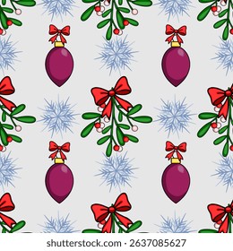 Seamless vector Christmas pattern with mistletoe, baubles, and snowflakes in a charming cartoon style, featuring a light grey background and vibrant red, green, and purple accents.