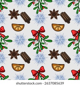 Seamless vector Christmas pattern with mistletoe, cinnamon, star anise, orange slices, and snowflakes, perfect for festive holiday designs.