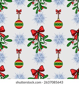 Seamless vector Christmas pattern with mistletoe, snowflakes, and decorative ornaments, featuring a unique blend of hand-drawn style and vibrant red, green, and gold colors.