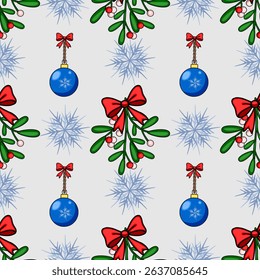 Seamless vector Christmas pattern with mistletoe, snowflakes, and blue baubles, featuring vibrant red bows and a light grey background, ideal for festive designs.