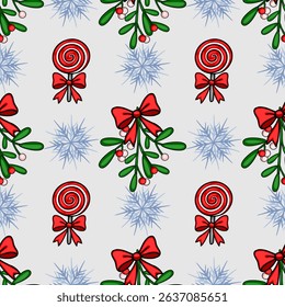Seamless vector Christmas pattern with mistletoe, lollipops, and snowflakes in a festive red and blue palette, ideal for winter holiday designs.