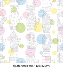 Seamless vector Christmas pattern with mittens and snowflakes. Seamless pattern can be used for wallpaper, pattern fills, web page background, surface textures.