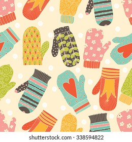 Seamless vector Christmas pattern with mittens and snowflakes. Seamless pattern can be used for wallpaper, pattern fills, web page background, surface textures.