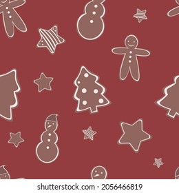 Seamless vector Christmas pattern. New Year's treat. Gingerbread man, cookies in the form of a snowman, a star, a festive fir tree