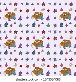 seamless vector Christmas pattern on a lilac background. sleeping Fox, scarf, Christmas toys, moon, triangle, sun. pattern on fabric, wrapping paper.
