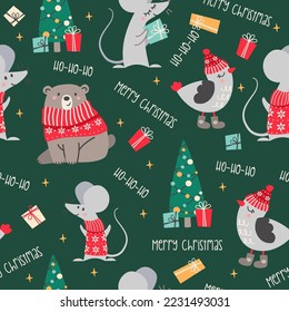 A seamless vector Christmas pattern on a dark green background. Cute teddy bear and mouse in a Christmas sweater. Birdie in winter hat and valenki. Christmas tree with gifts 